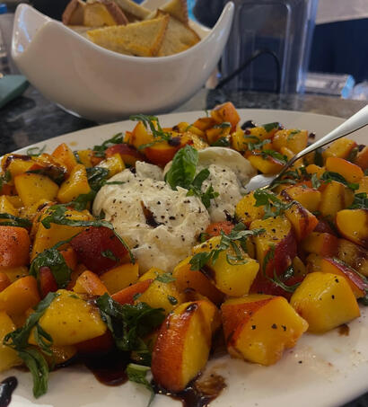 Untitled Fresh peach and burrata salad with basil and balsamic